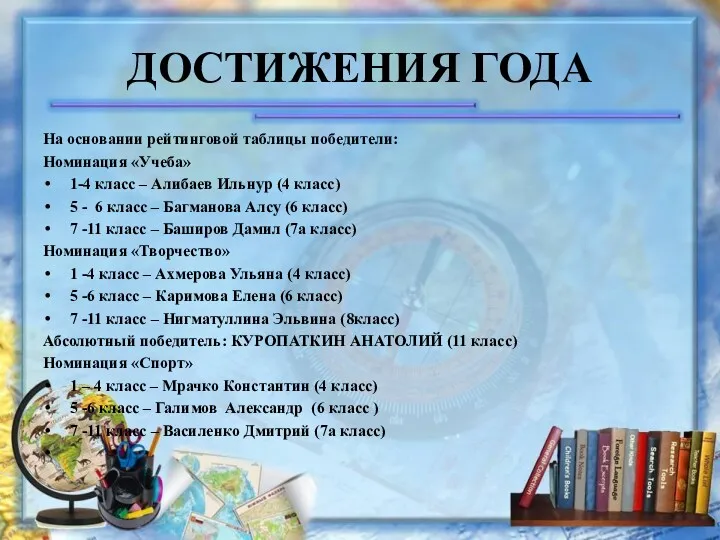 ДОСТИЖЕНИЯ ГОДА На основании рейтинговой таблицы победители: Номинация «Учеба» 1-4 класс – Алибаев