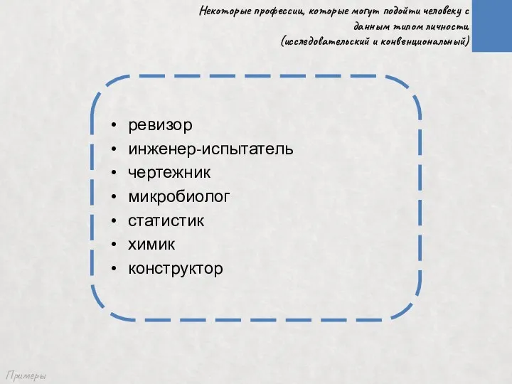 Примеры Некоторые профессии, которые могут подойти человеку с данным типом личности (исследовательский и