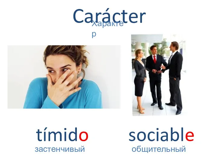 Carácter tímido застенчивый Характер sociable общительный