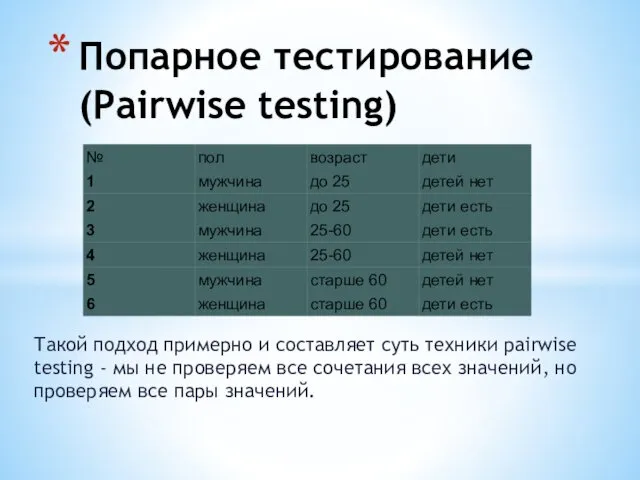 Такой подход примерно и составляет суть техники pairwise testing -