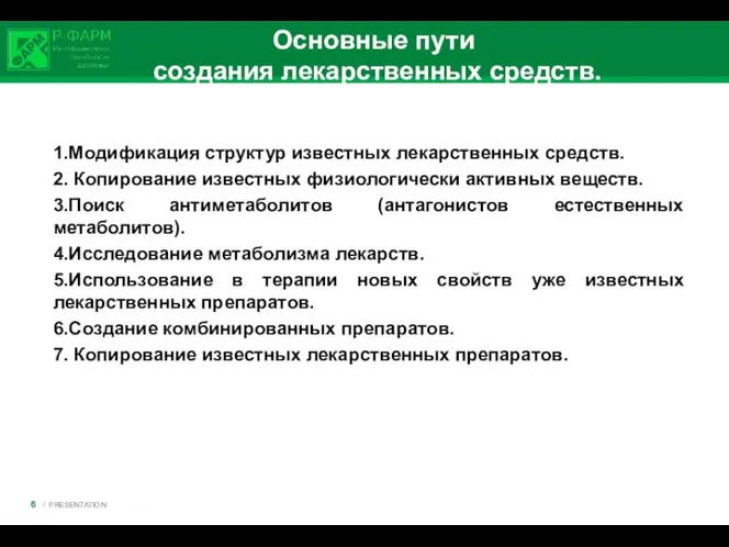 Основные пути создания лекарственных средств. 1.Модификация структур известных лекарственных средств.