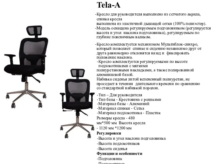 Tela-A Кресло для руководителя выполнено из сетчатого акрила, спинка кресла
