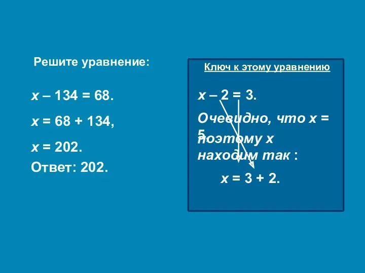 Решите уравнение: х – 134 = 68. х = 68