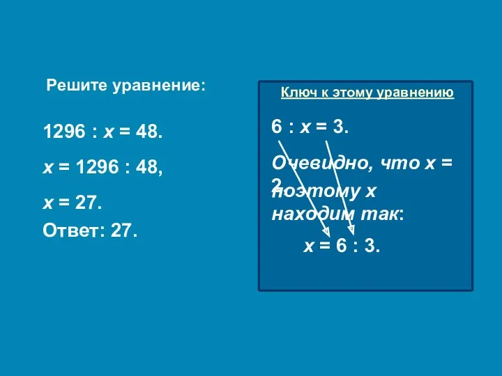Решите уравнение: 1296 : х = 48. х = 1296