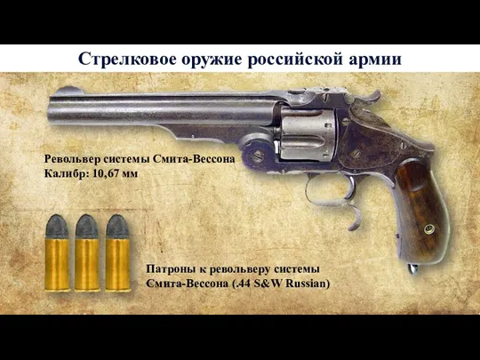 Стрелковое оружие российской армии Револьвер системы Смита-Вессона Калибр: 10,67 мм