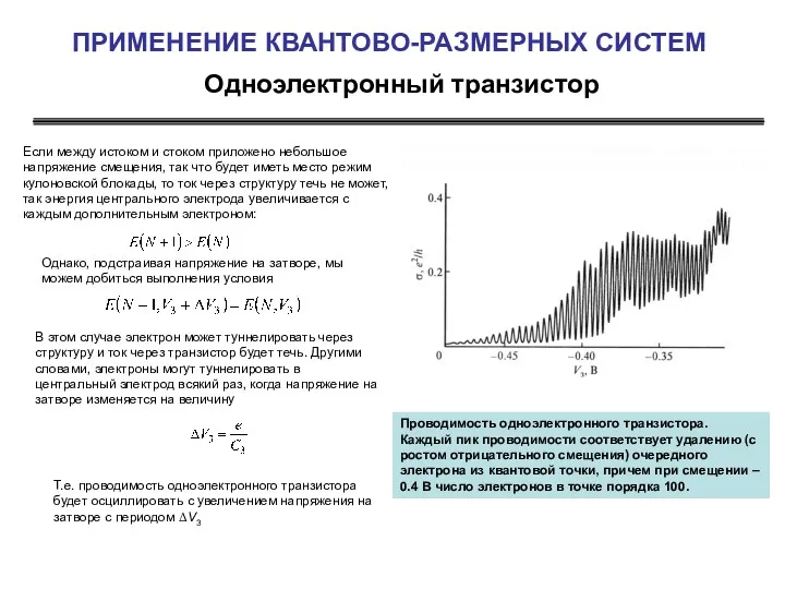 Одноэлектронный транзистор ПРИМЕНЕНИЕ КВАНТОВО-РАЗМЕРНЫХ СИСТЕМ Если между истоком и стоком