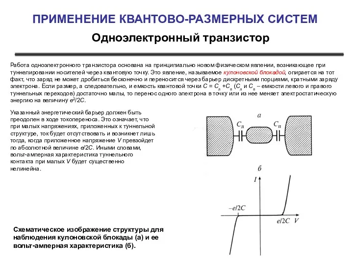 Одноэлектронный транзистор ПРИМЕНЕНИЕ КВАНТОВО-РАЗМЕРНЫХ СИСТЕМ Работа одноэлектронного транзистора основана на