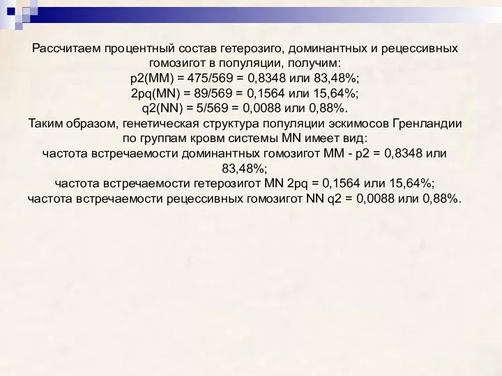 Рассчитаем процентный состав гетерозиго, доминантных и рецессивных гомозигот в популяции,