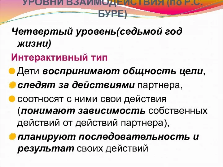 УРОВНИ ВЗАИМОДЕЙСТВИЯ (по Р.С.БУРЕ) . Четвертый уровень(седьмой год жизни) Интерактивный тип Дети воспринимают