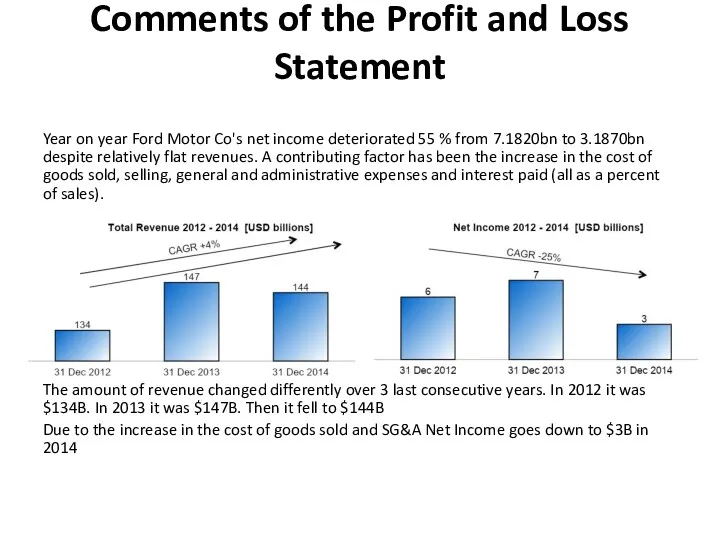 Comments of the Profit and Loss Statement Year on year Ford Motor Co's