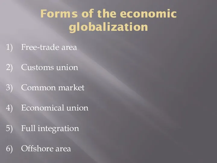 Forms of the economic globalization Free-trade area Customs union Common