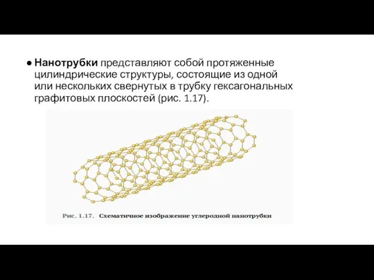 Нанотрубки представляют собой протяженные цилиндрические структуры, состоящие из одной или