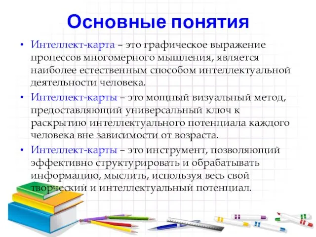 Основные понятия Интеллект-карта – это графическое выражение процессов многомерного мышления,