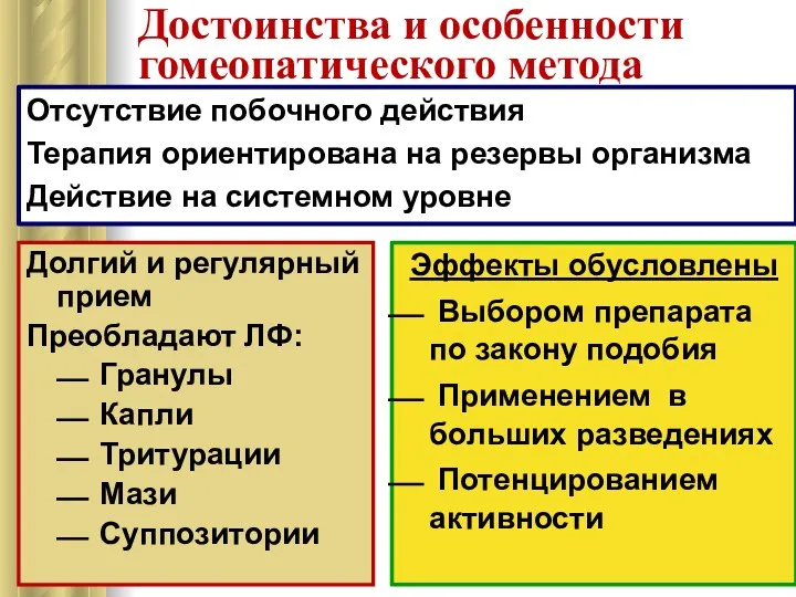 Достоинства и особенности гомеопатического метода Отсутствие побочного действия Терапия ориентирована