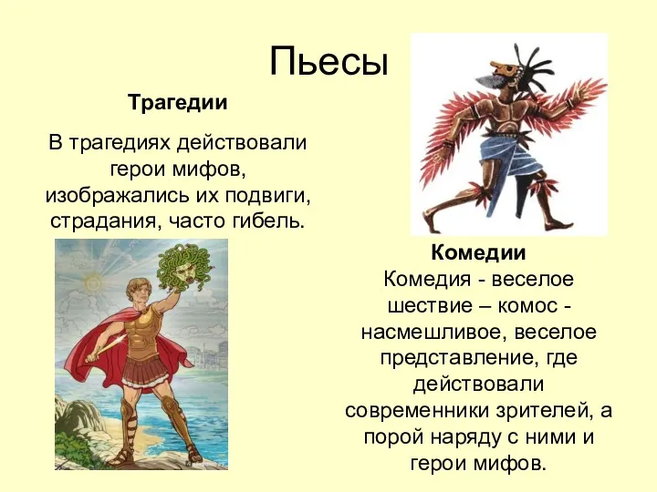 Пьесы Трагедии В трагедиях действовали герои мифов, изображались их подвиги,