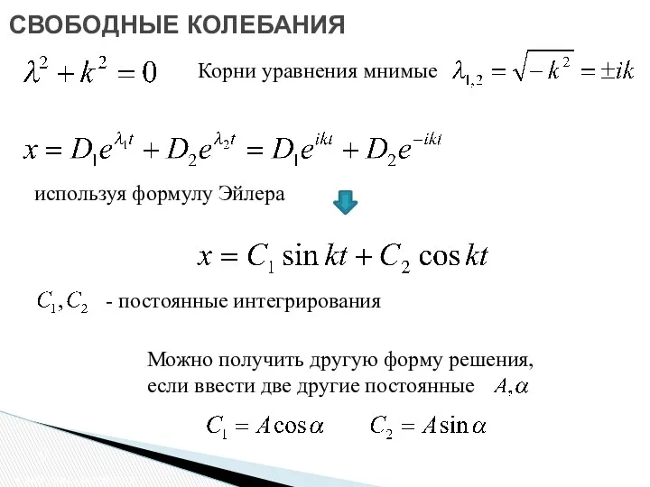 СВОБОДНЫЕ КОЛЕБАНИЯ Свободные колебания Корни уравнения мнимые используя формулу Эйлера