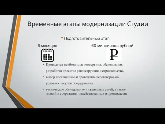 Временные этапы модернизации Студии Подготовительный этап 6 месяцев 60 миллионов