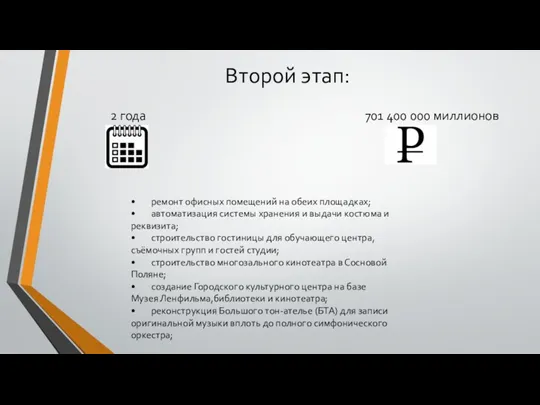 Второй этап: 2 года 701 400 000 миллионов • ремонт