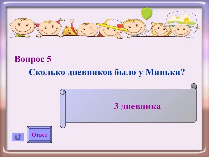 Вопрос 5 Сколько дневников было у Миньки? Ответ 3 дневника