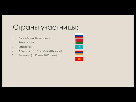 Страны участницы: Российская Федерация Белоруссия Казахстан Армения (с 10 октября