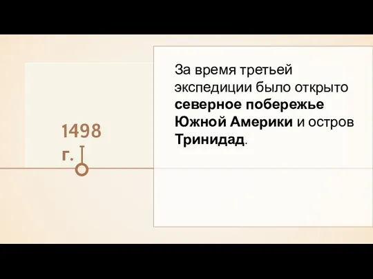 1498 г. За время третьей экспедиции было открыто северное побережье Южной Америки и остров Тринидад.