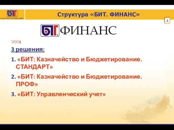 Структура «БИТ. ФИНАНС» 3 решения: 1. «БИТ: Казначейство и Бюджетирование.