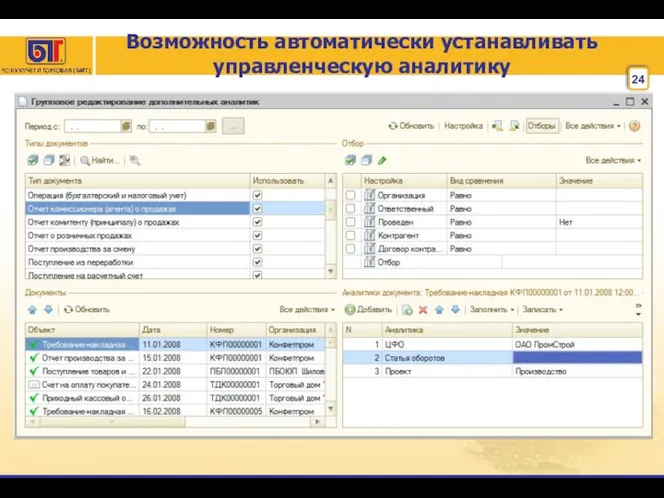 Возможность автоматически устанавливать управленческую аналитику