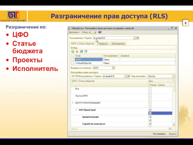 Разграничение прав доступа (RLS) Разграничение по: ЦФО Статье бюджета Проекты Исполнитель