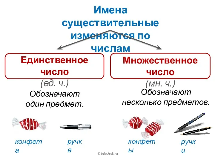 © InfoUrok.ru Имена существительные изменяются по числам Единственное число (ед. ч.) Множественное число