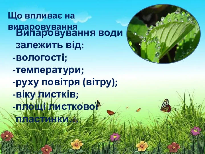 Випаровування води залежить від: вологості; температури; руху повітря (вітру); віку