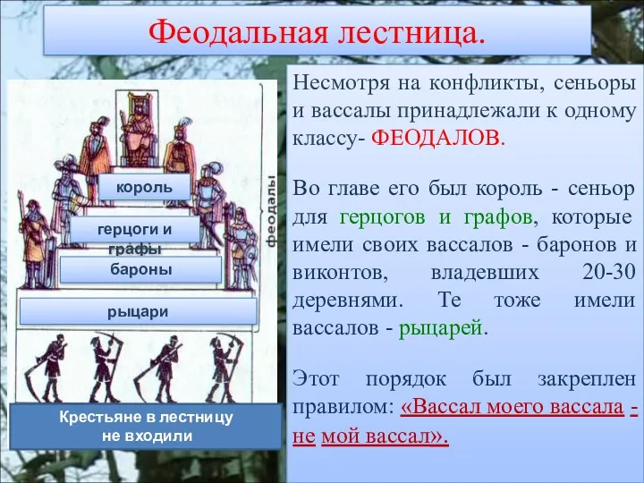 Феодальная лестница. Несмотря на конфликты, сеньоры и вассалы принадлежали к