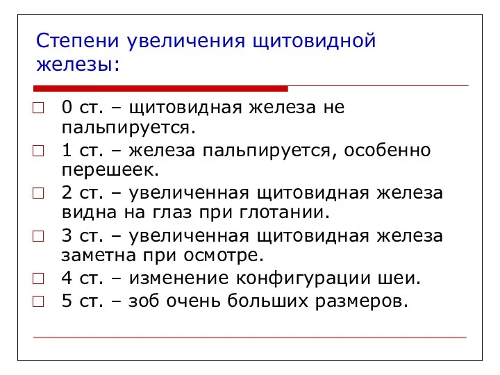 Степени увеличения щитовидной железы: 0 ст. – щитовидная железа не