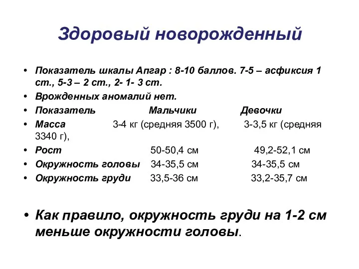 Здоровый новорожденный Показатель шкалы Апгар : 8-10 баллов. 7-5 –