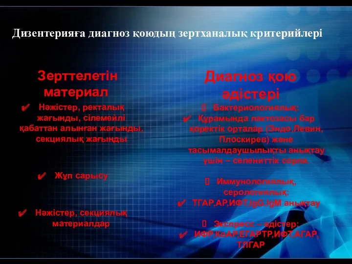 Дизентерияға диагноз қоюдың зертханалық критерийлері Зерттелетін материал Нәжістер, ректалық жағынды,