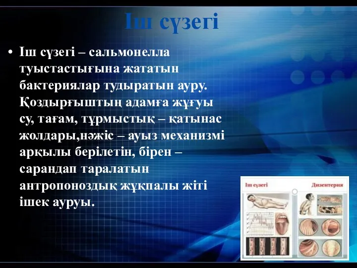 Іш сүзегі – сальмонелла туыстастығына жататын бактериялар тудыратын ауру. Қоздырғыштың