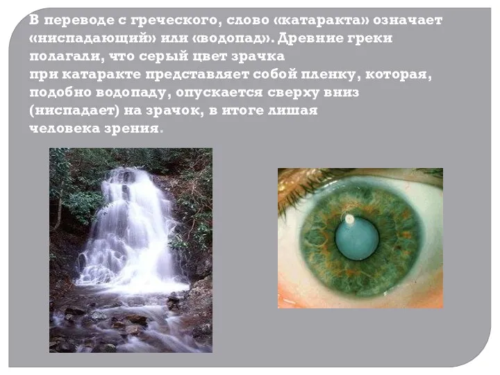 В переводе с греческого, слово «катаракта» означает «ниспадающий» или «водопад».
