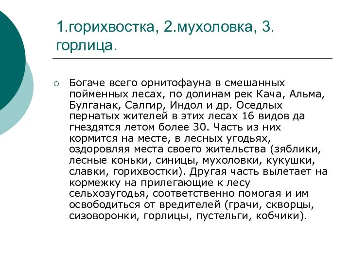 1.горихвостка, 2.мухоловка, 3.горлица. Богаче всего орнитофауна в смешанных пойменных лесах,