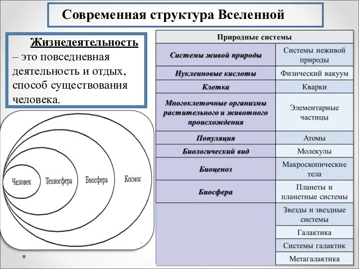 Современная структура Вселенной Жизнедеятельность – это повседневная деятельность и отдых, способ существования человека.