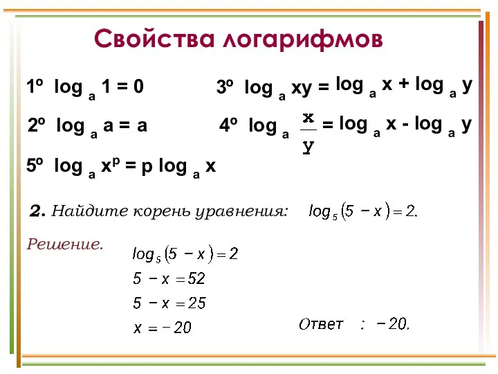 Решение. 2. Найдите корень уравнения: 1º log a 1 = 2º log a