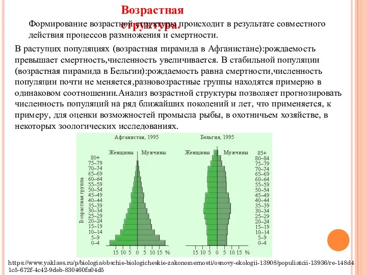 https://www.yaklass.ru/p/biologia/obschie-biologicheskie-zakonomernosti/osnovy-ekologii-13908/populiatcii-13936/re-148d41c5-672f-4c42-9deb-830460fa04d5 Возрастная структура. Формирование возрастной структуры происходит в результате совместного действия процессов размножения