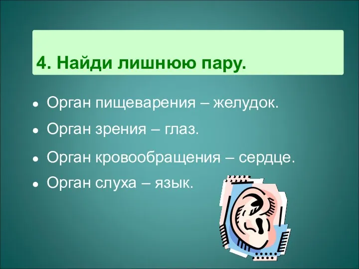 4. Найди лишнюю пару. Орган пищеварения – желудок. Орган зрения