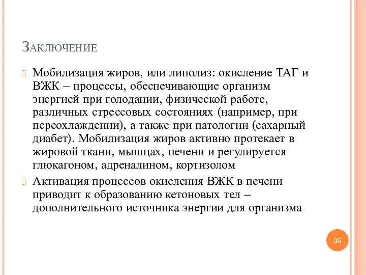 Заключение Мобилизация жиров, или липолиз: окисление ТАГ и ВЖК –