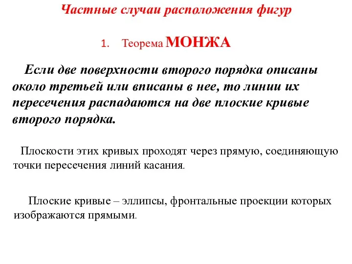 Частные случаи расположения фигур Теорема МОНЖА Если две поверхности второго