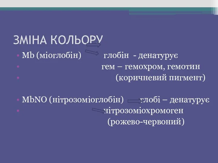 ЗМІНА КОЛЬОРУ Mb (міоглобін) глобін - денатурує гем – гемохром,