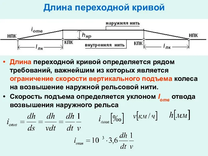 Длина переходной кривой Длина переходной кривой определяется рядом требований, важнейшим из которых является