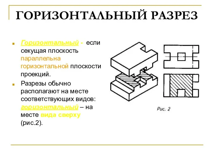 ГОРИЗОНТАЛЬНЫЙ РАЗРЕЗ Горизонтальный - если секущая плоскость параллельна горизонтальной плоскости