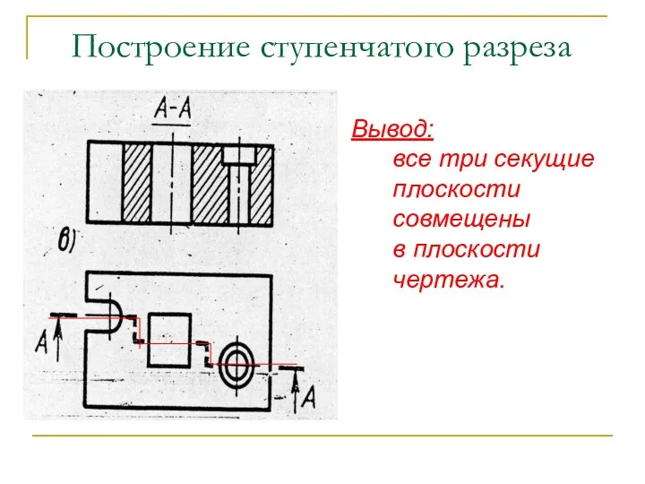 Построение ступенчатого разреза Вывод: все три секущие плоскости совмещены в плоскости чертежа.