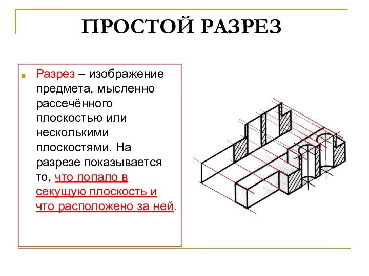 ПРОСТОЙ РАЗРЕЗ Разрез – изображение предмета, мысленно рассечённого плоскостью или