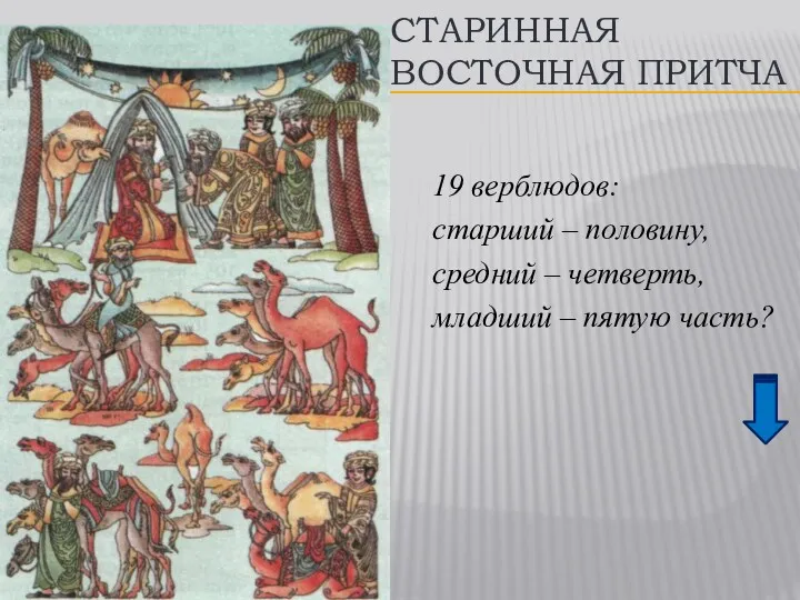 СТАРИННАЯ ВОСТОЧНАЯ ПРИТЧА 19 верблюдов: старший – половину, средний – четверть, младший – пятую часть?