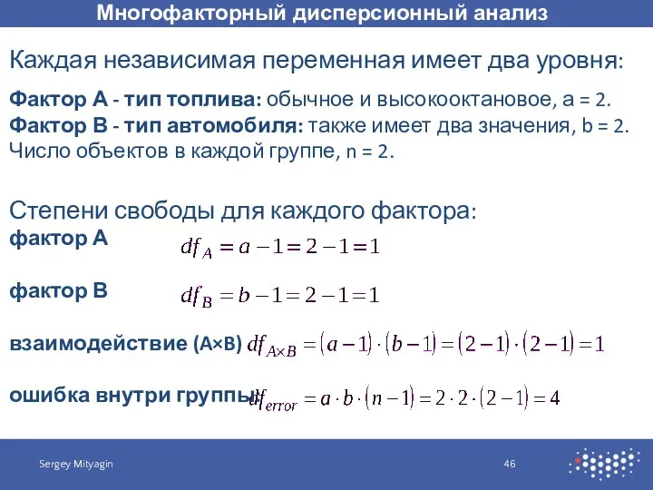 Многофакторный дисперсионный анализ Sergey Mityagin Каждая независимая переменная имеет два